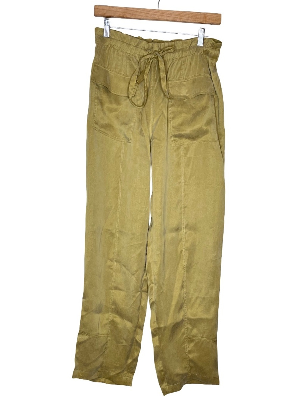 Zara Drawstring Waist Mustard Yellow Gold Satin Flowy Trousers Sz S